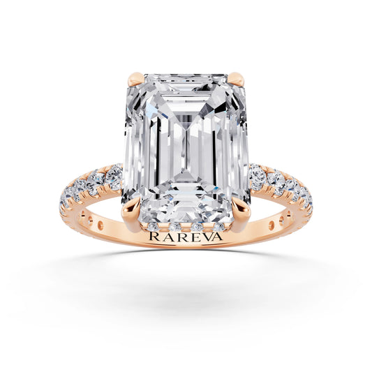 14 KT Rose Gold Emerald Cut Diamond Solitaire Ring with Hidden Halo and French Pave Band - front view