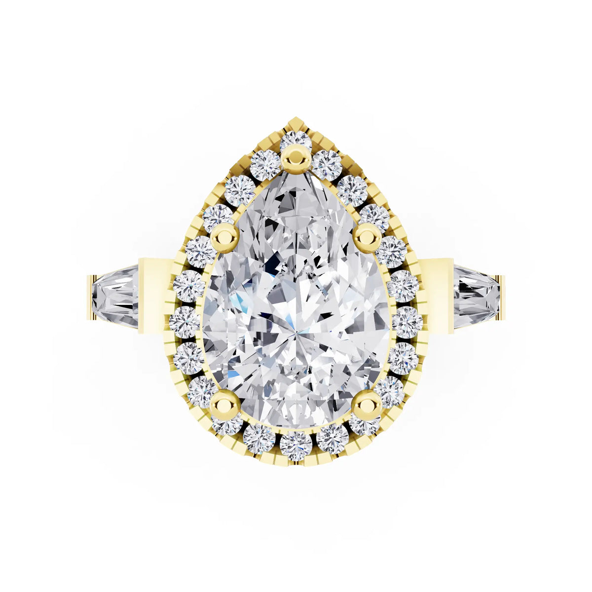 14 KT Yellow Gold Pear Cut Diamond Halo Ring with Baguette Accents - top angle