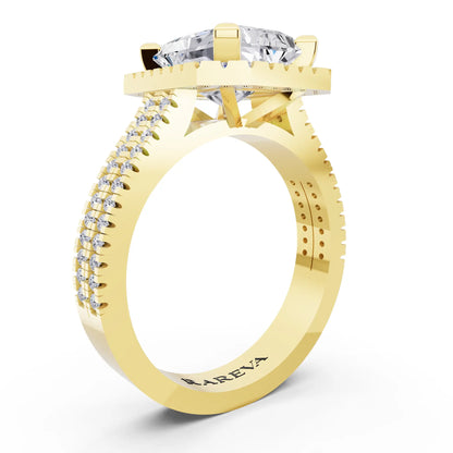 14 KT Yellow Gold Radiant Cut Diamond Halo Ring with Twin Pave Band - top view