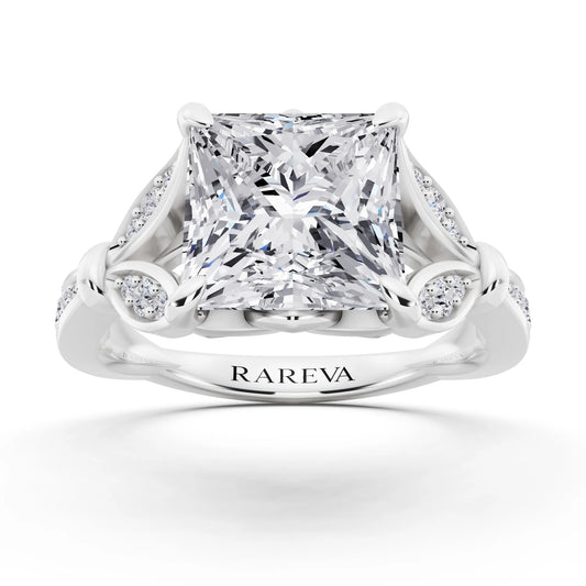 Platinum Princess Cut Diamond Ring with Lotus Collar - front view
