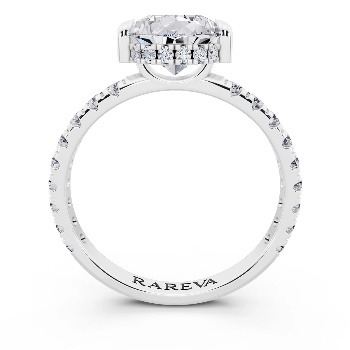 Platinum Pear Cut Diamond Solitaire Ring with Hidden Halo and French Pave Band - through finger