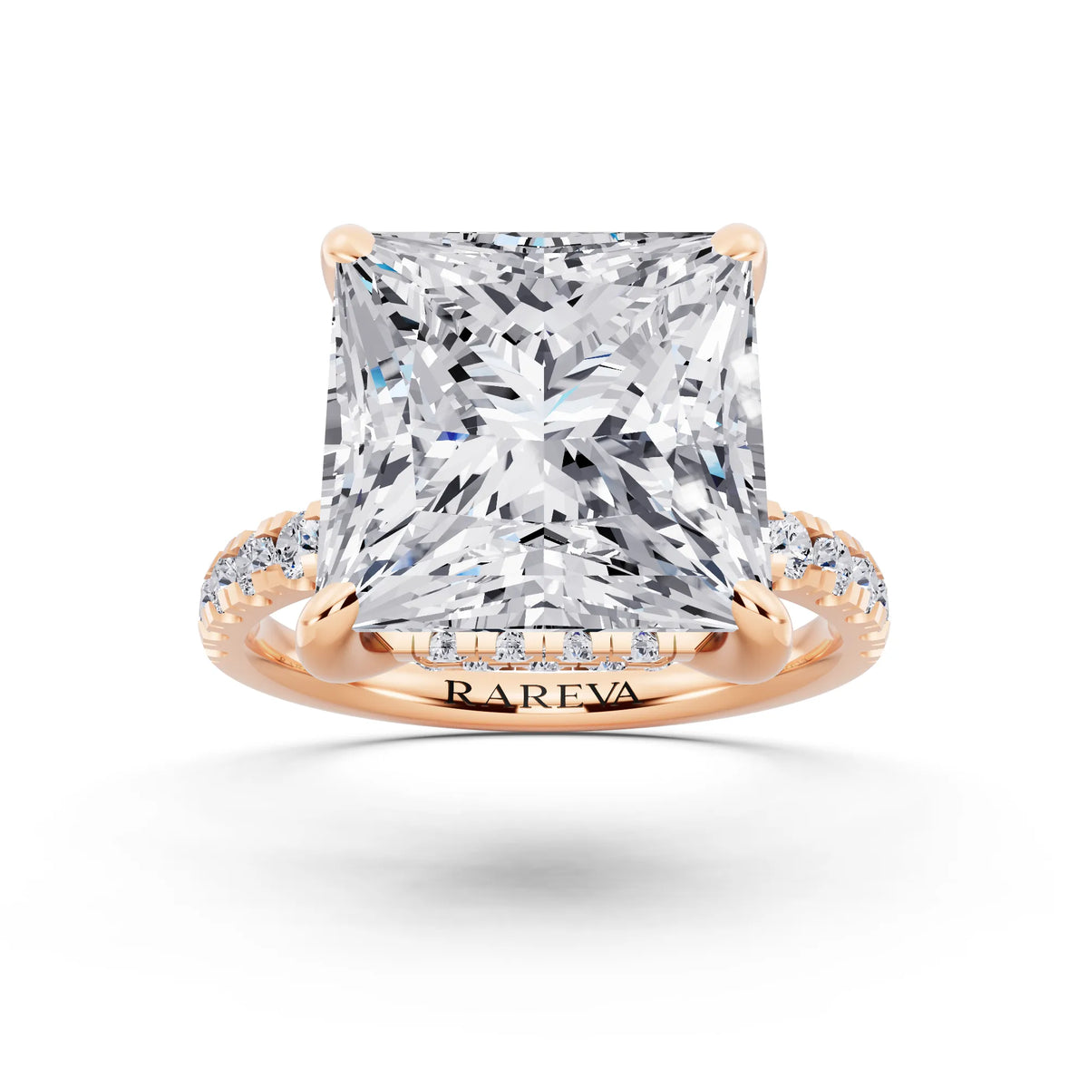14 KT Rose Gold Princess Cut Diamond Hidden Halo Tiger Prong Pave Band Ring - front view