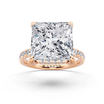 14 KT Rose Gold Princess Cut Diamond Hidden Halo Tiger Prong Pave Band Ring - front view