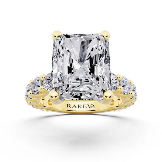 18 KT Yellow Gold Radiant Cut Diamond Ring with Shared Prong Eternity Band - front view