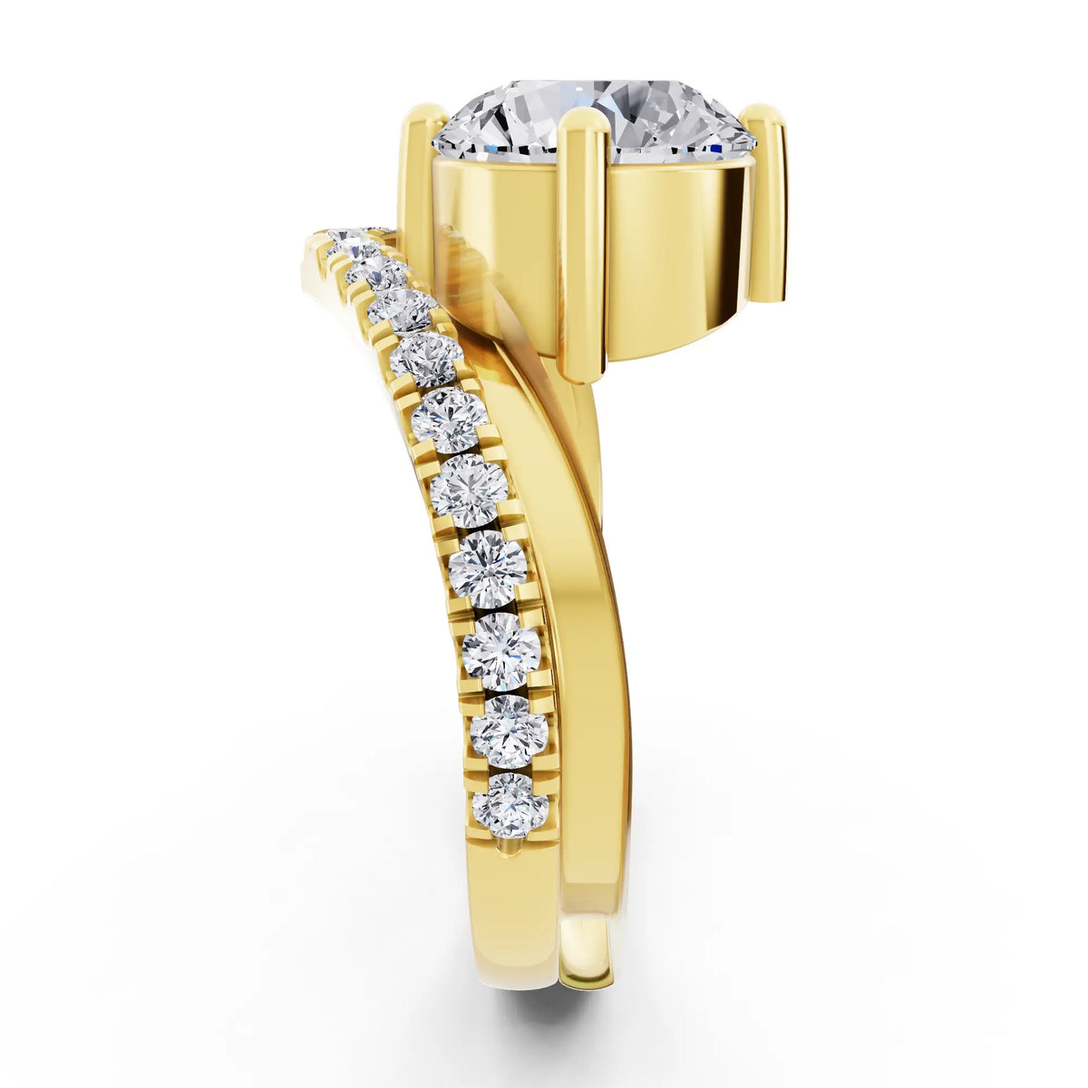 18 KT Yellow Gold Round Cut Diamond Solitaire Ring with Pave V Band - Side view