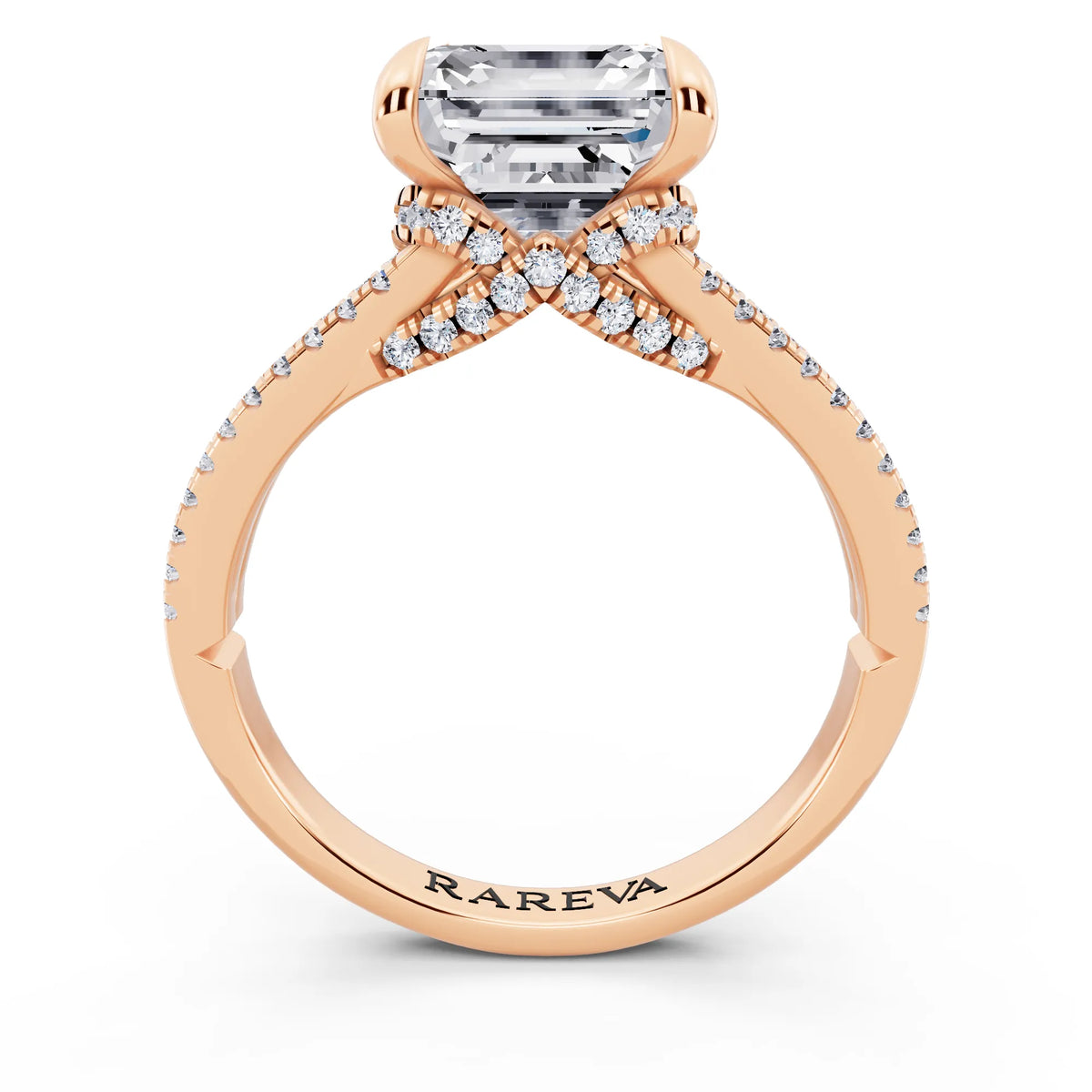 18 KT Rose Gold Asscher Cut Diamond Ring with Pavé Split Shank - through finger