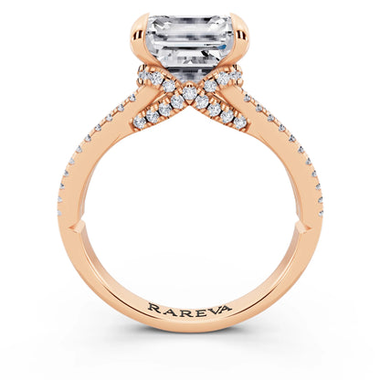 18 KT Rose Gold Asscher Cut Diamond Ring with Pavé Split Shank - through finger