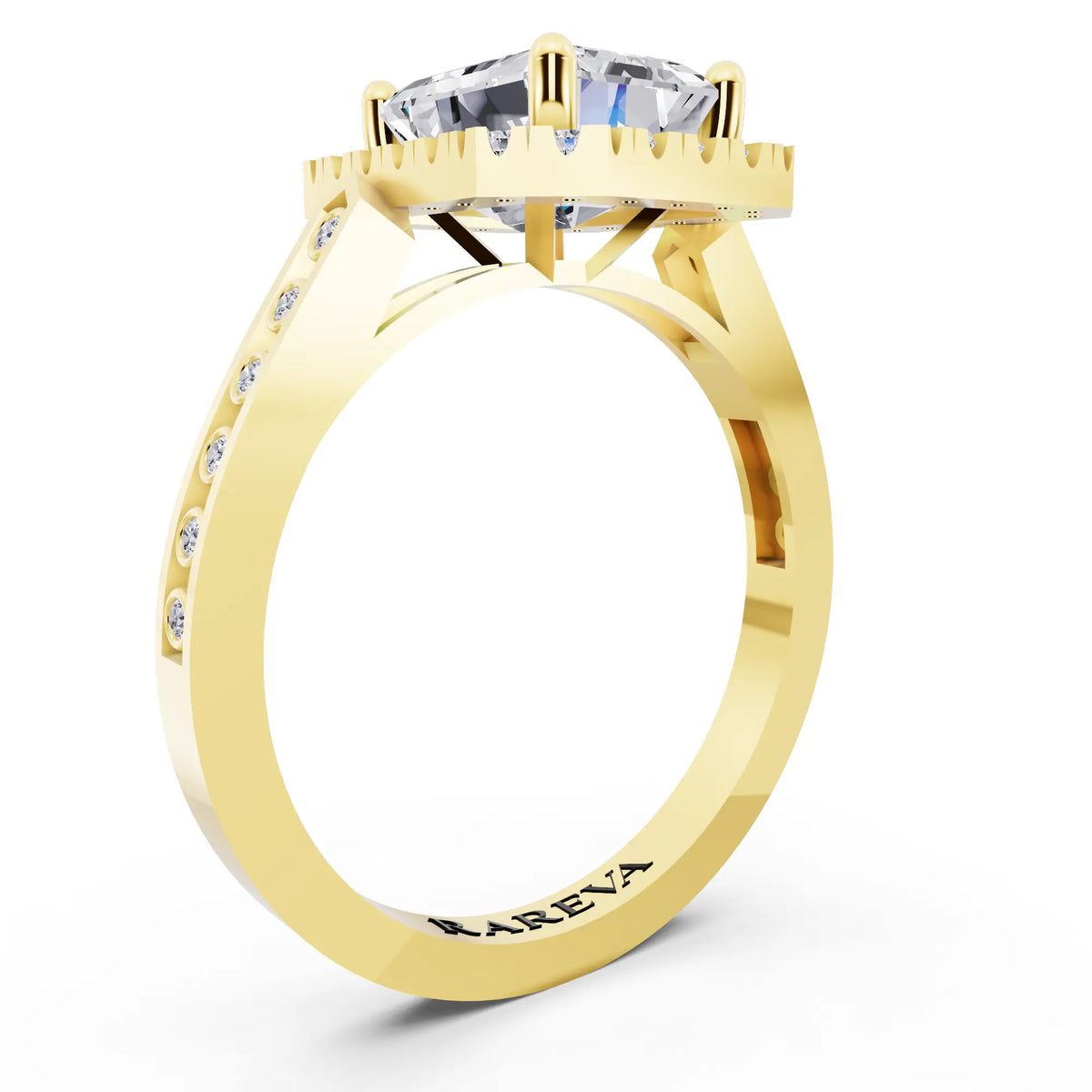 14 KT Yellow Gold Emerald Cut Diamond Halo Ring with Bezel Accent Band - top view
