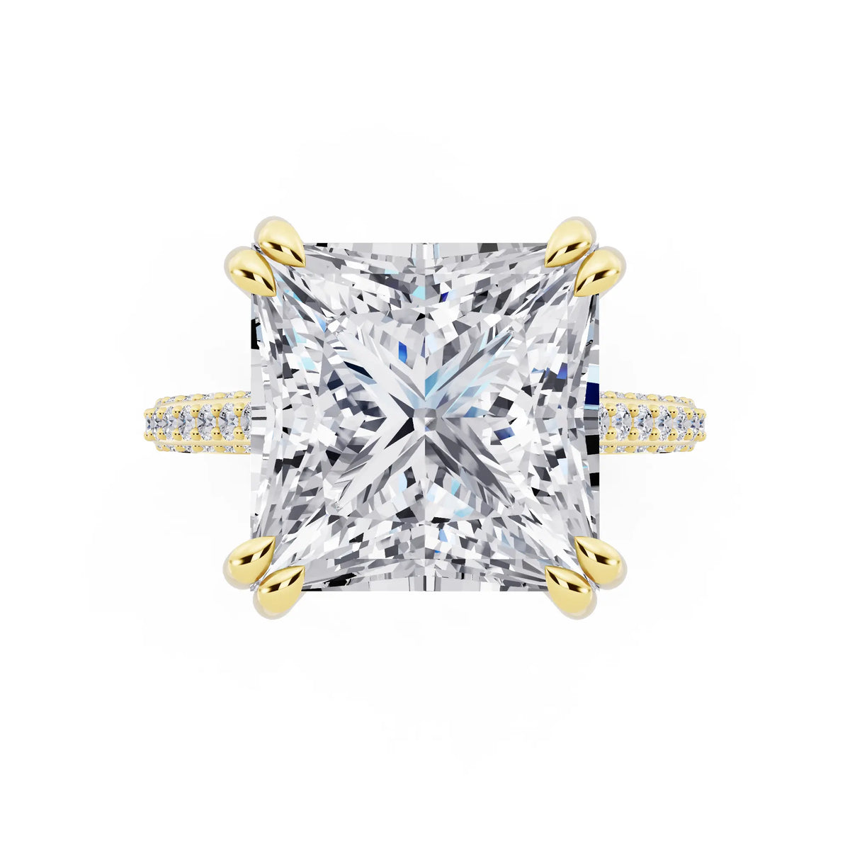 18 KT Yellow Gold Princess Cut Diamond Hidden Halo Double Claw Pave Band Ring - top angle