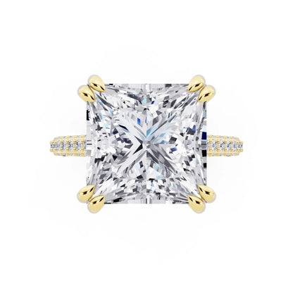 18 KT Yellow Gold Princess Cut Diamond Hidden Halo Double Claw Pave Band Ring - top angle