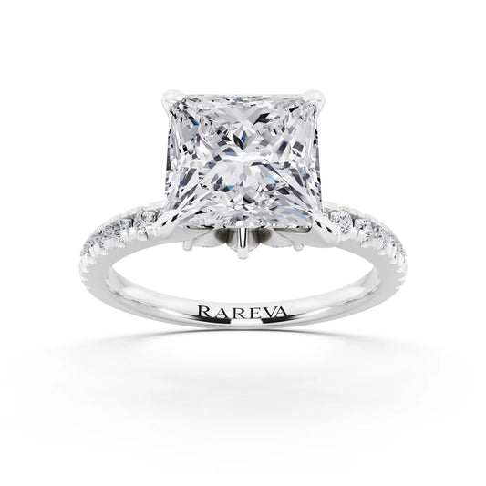 14 KT White Gold Princess Cut Diamond Solitaire Ring with Marquise Collar - front view