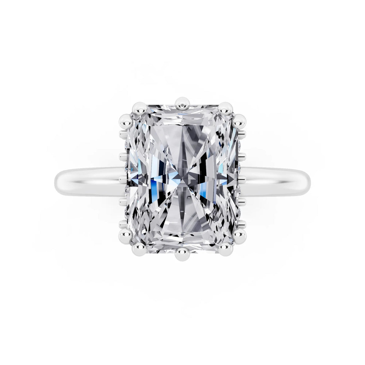 18 KT White Gold Radiant Cut Diamond Solitaire Ring with Hidden Accent Basket - top angle
