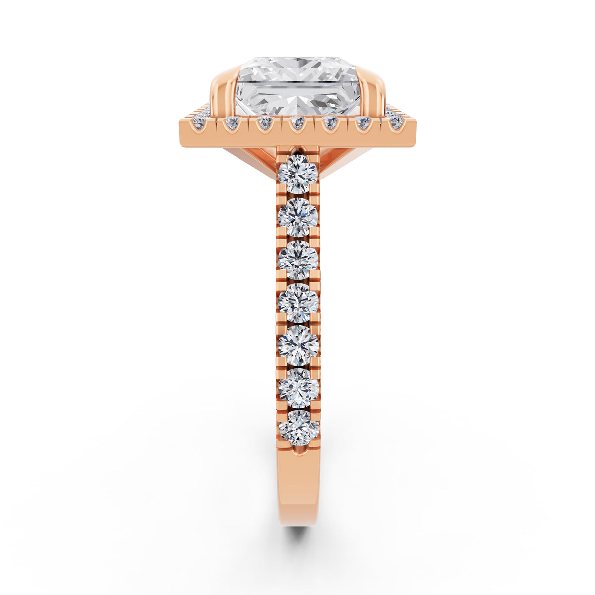 14 KT Rose Gold Princess Cut Diamond Halo Ring with Pave Cathedral Band - Side view