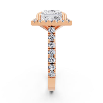 14 KT Rose Gold Princess Cut Diamond Halo Ring with Pave Cathedral Band - Side view