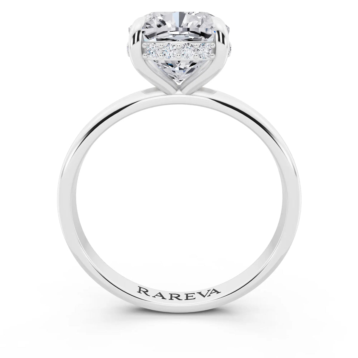 18 KT White Gold Cushion Cut Diamond Hidden Halo Solitaire Ring - through finger