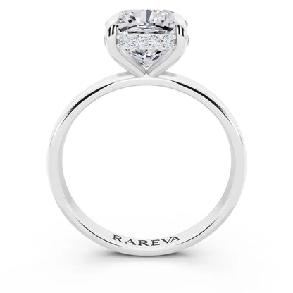 18 KT White Gold Cushion Cut Diamond Hidden Halo Solitaire Ring - through finger