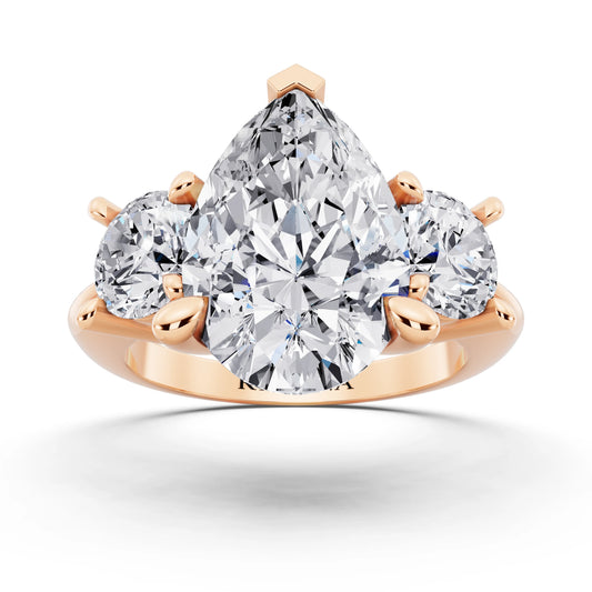18 KT Rose Gold Pear Cut Diamond Three Stone Ring with Round Accents - front view