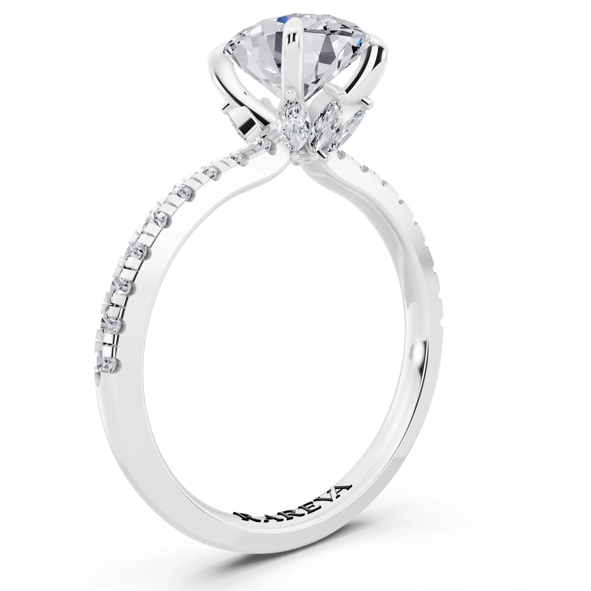 18 KT White Gold Oval Cut Diamond Solitaire Ring with Marquise Collar - top view