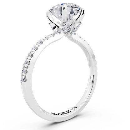 18 KT White Gold Oval Cut Diamond Solitaire Ring with Marquise Collar - top view