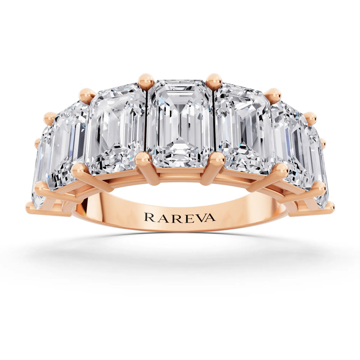 10K Rose Gold Seven Stone Emerald Cut Diamond Half Eternity Wedding Band - 2.6mm - Front