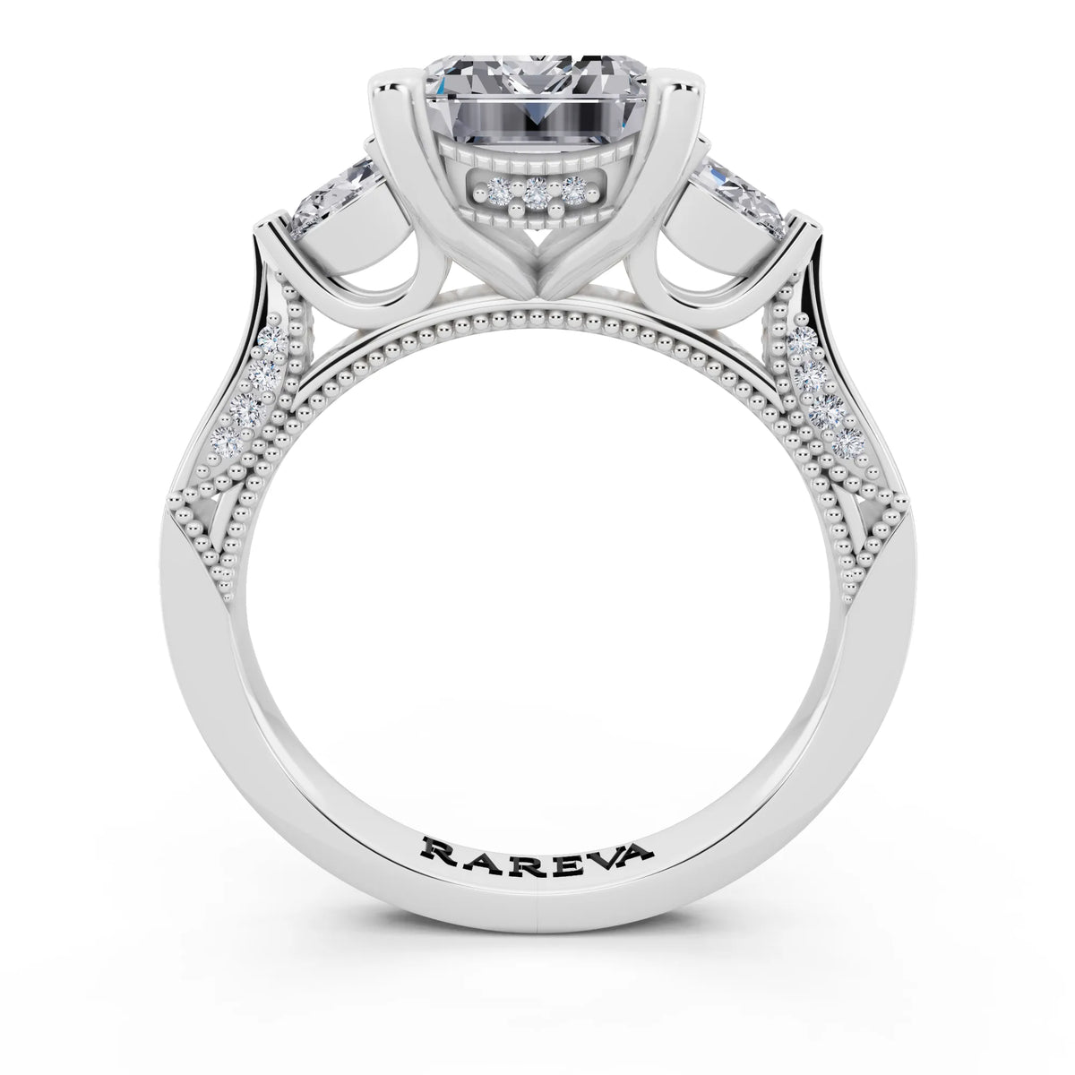 Platinum Emerald Cut Diamond Three Stone Pear Accent Vintage Pave Ring - through finger