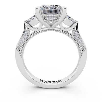 Platinum Emerald Cut Diamond Three Stone Pear Accent Vintage Pave Ring - through finger