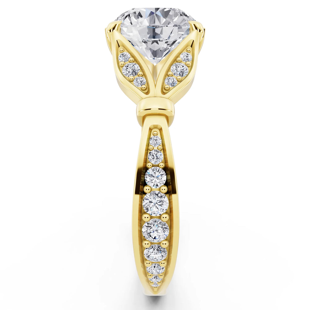 18 KT Yellow Gold Round Cut Diamond Ring with Lotus Collar - side view