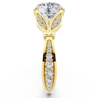18 KT Yellow Gold Round Cut Diamond Ring with Lotus Collar - side view