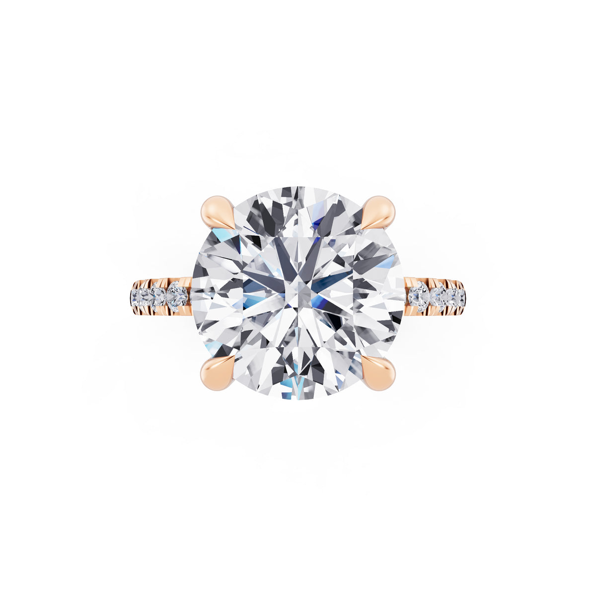 14 KT Rose Gold Round Cut Diamond Solitaire Ring with Round Pavé Band and Prong Setting - top angle