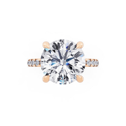 14 KT Rose Gold Round Cut Diamond Solitaire Ring with Round Pavé Band and Prong Setting - top angle