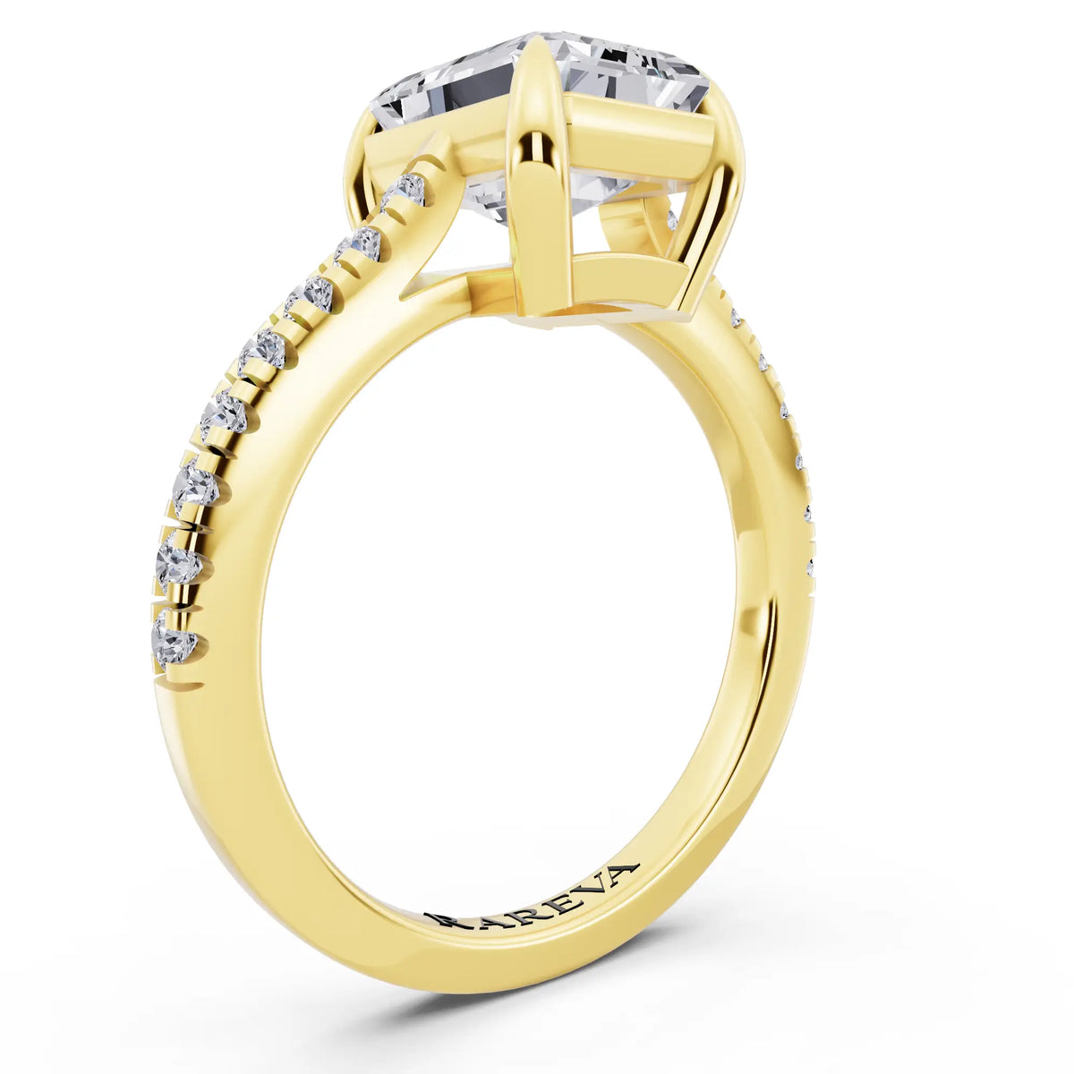 18 KT Yellow Gold Emerald Cut Diamond Claw Prong Solitaire Ring with French Pave Band - top view