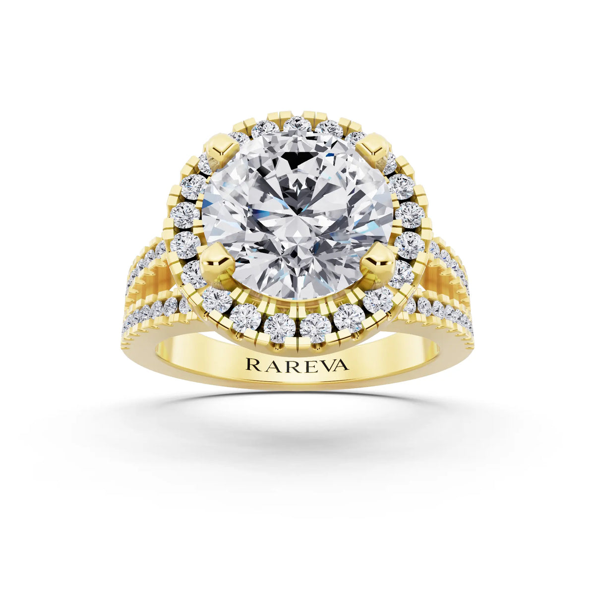 18 KT Yellow Gold Round Cut Diamond Halo Ring with Pave Split Shank - front view