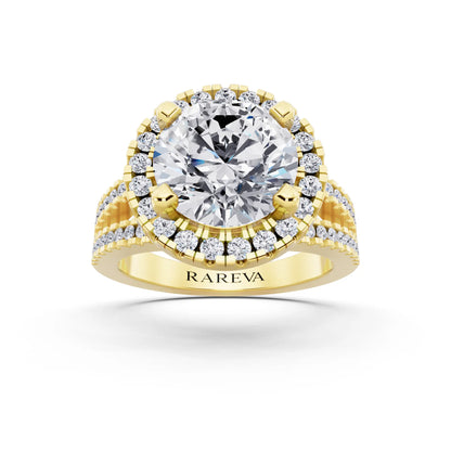 18 KT Yellow Gold Round Cut Diamond Halo Ring with Pave Split Shank - front view