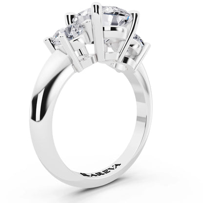 18 KT White Gold Oval Cut Diamond Three Stone Ring with Round Accents - top view