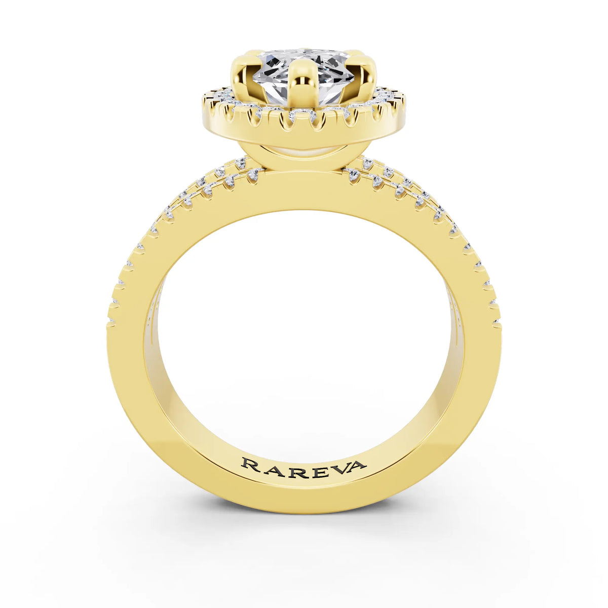 14 KT Yellow Gold Marquise Cut Diamond Halo Ring with Pave Split Shank - through finger