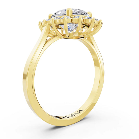 18 KT Yellow Gold Oval Cut Diamond Floral Halo Ring - Top view
