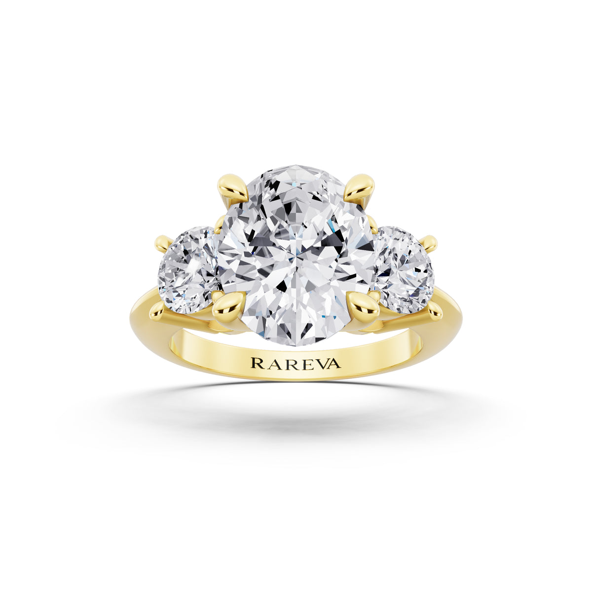 14 KT Yellow Gold Oval Cut Diamond Three Stone Ring with Round Accents - front view