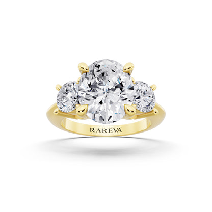 14 KT Yellow Gold Oval Cut Diamond Three Stone Ring with Round Accents - front view