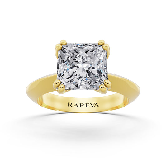 14 KT Yellow Gold Princess Cut Diamond Solitaire Ring with Knife Edge Band - front view
