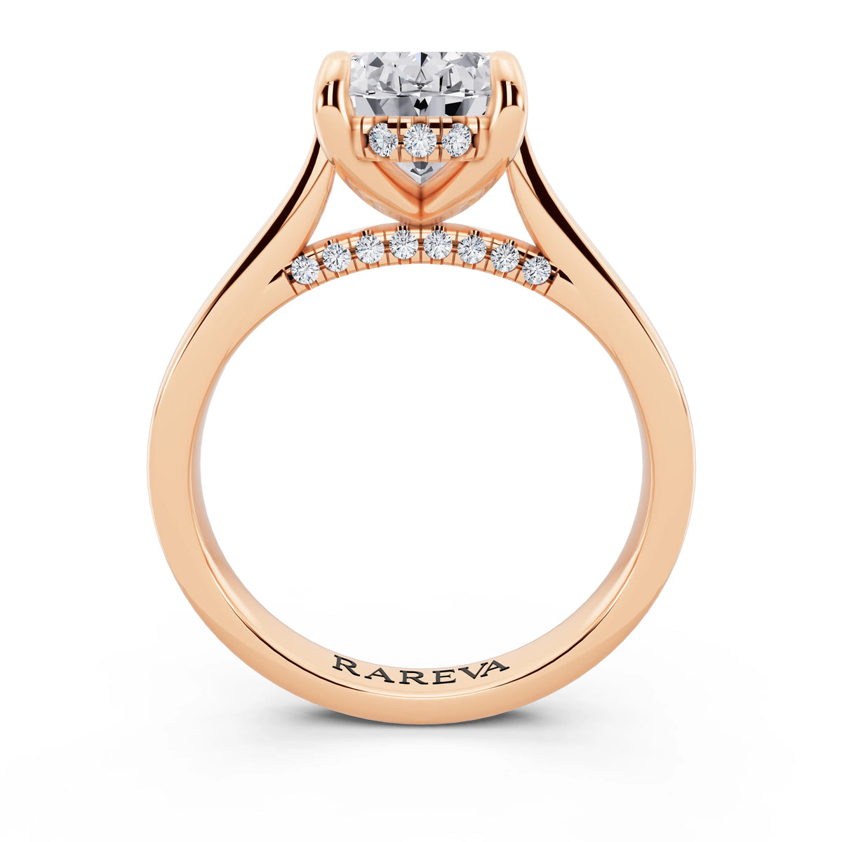 14 KT Rose Gold Oval Cut Diamond Solitaire Ring with Cathedral Band - through finger