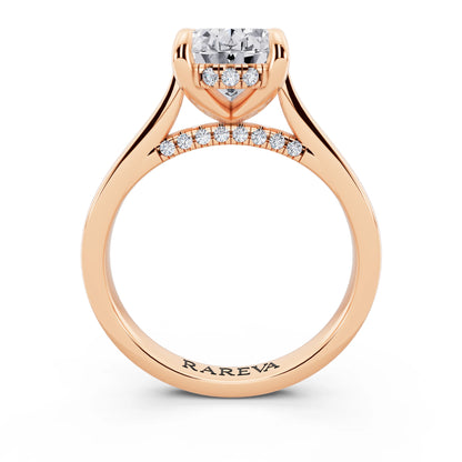 14 KT Rose Gold Oval Cut Diamond Solitaire Ring with Cathedral Band - through finger
