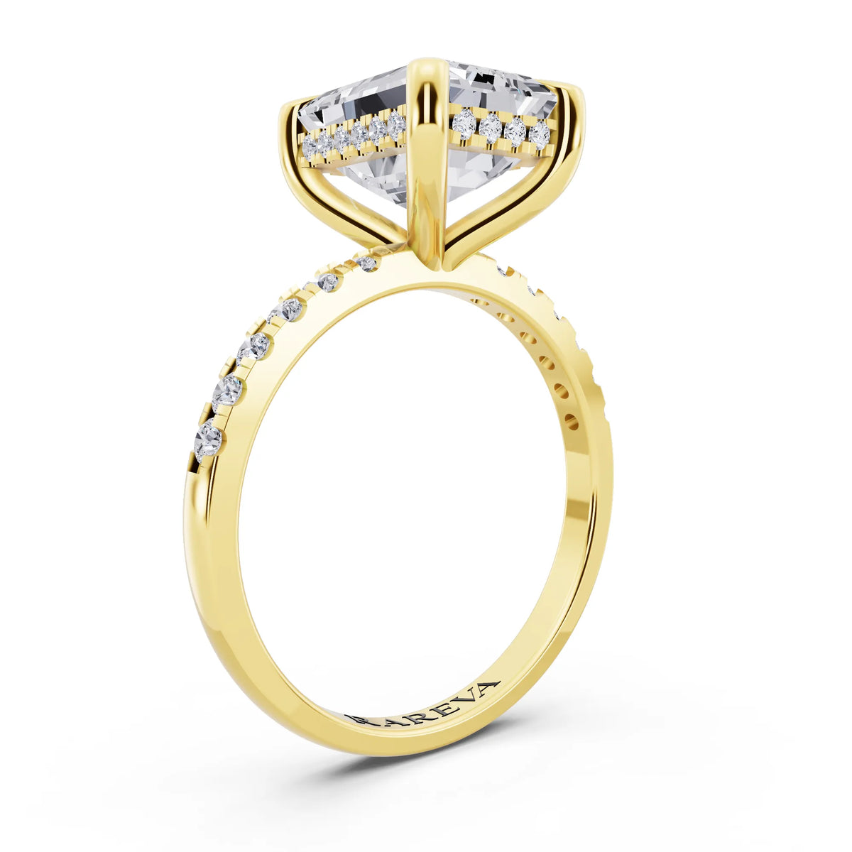 14 KT Yellow Gold Emerald Cut Diamond Solitaire Ring with Round Pavé Band and Prong Setting - top view