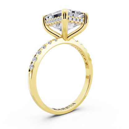14 KT Yellow Gold Emerald Cut Diamond Solitaire Ring with Round Pavé Band and Prong Setting - top view