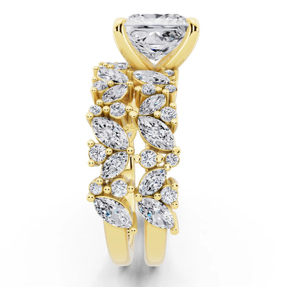 14 KT Yellow Gold Princess Cut Diamond Ring with Marquise Cluster Band - side view