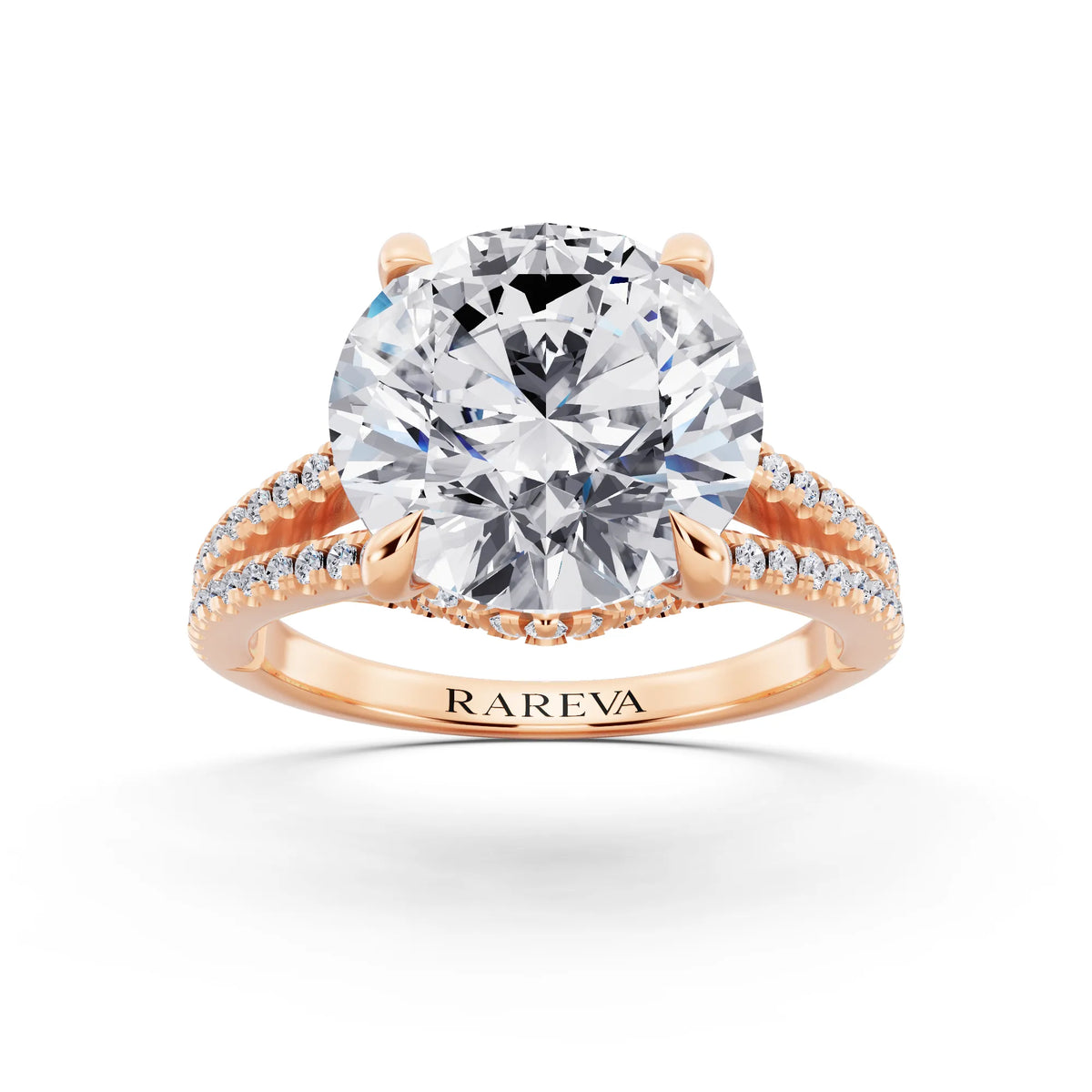14 KT Rose Gold Round Cut Diamond Ring with Pavé Split Shank - front view