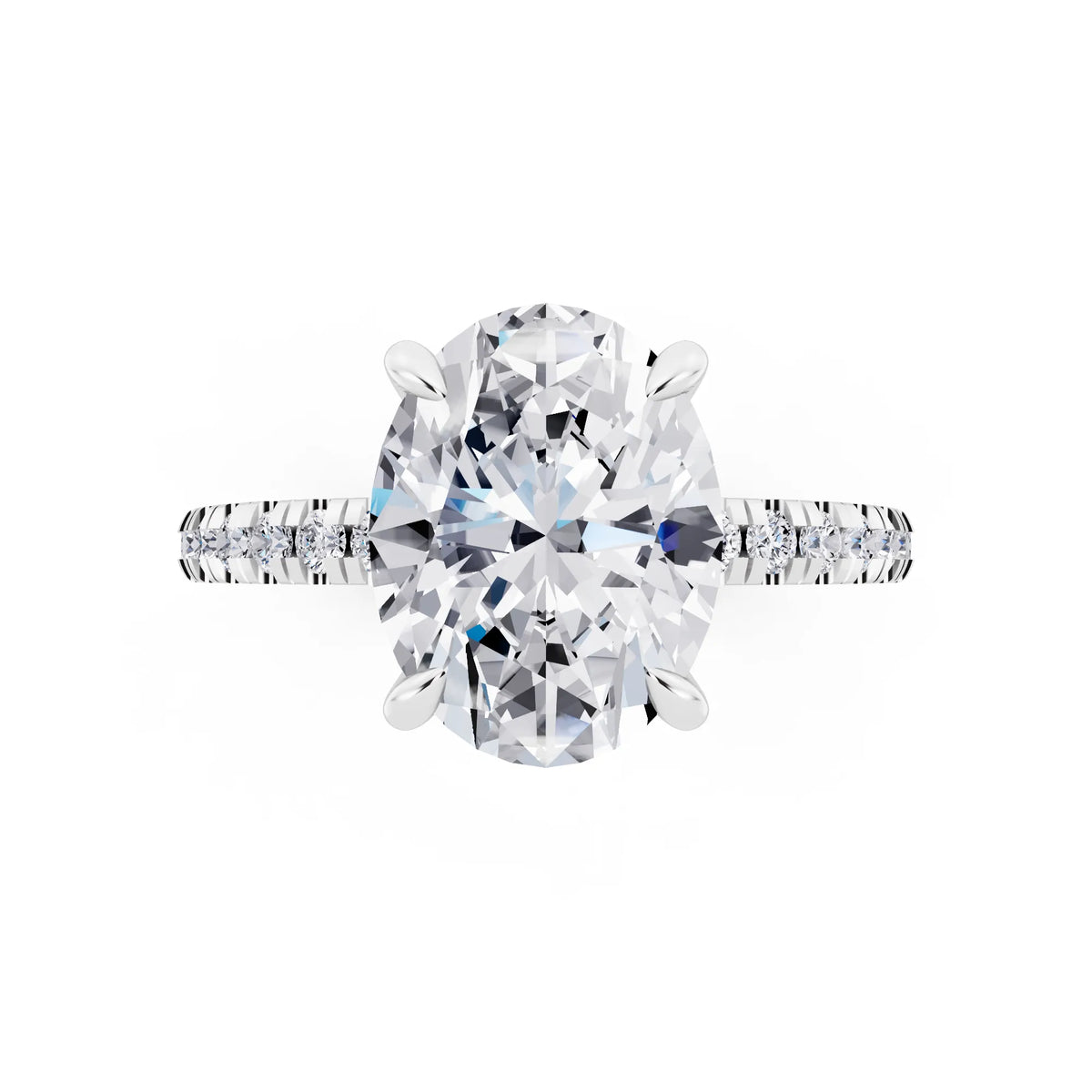 18 KT White Gold Oval Cut Diamond Solitaire Ring with Marquise Collar - top angle