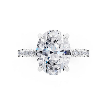 18 KT White Gold Oval Cut Diamond Solitaire Ring with Marquise Collar - top angle