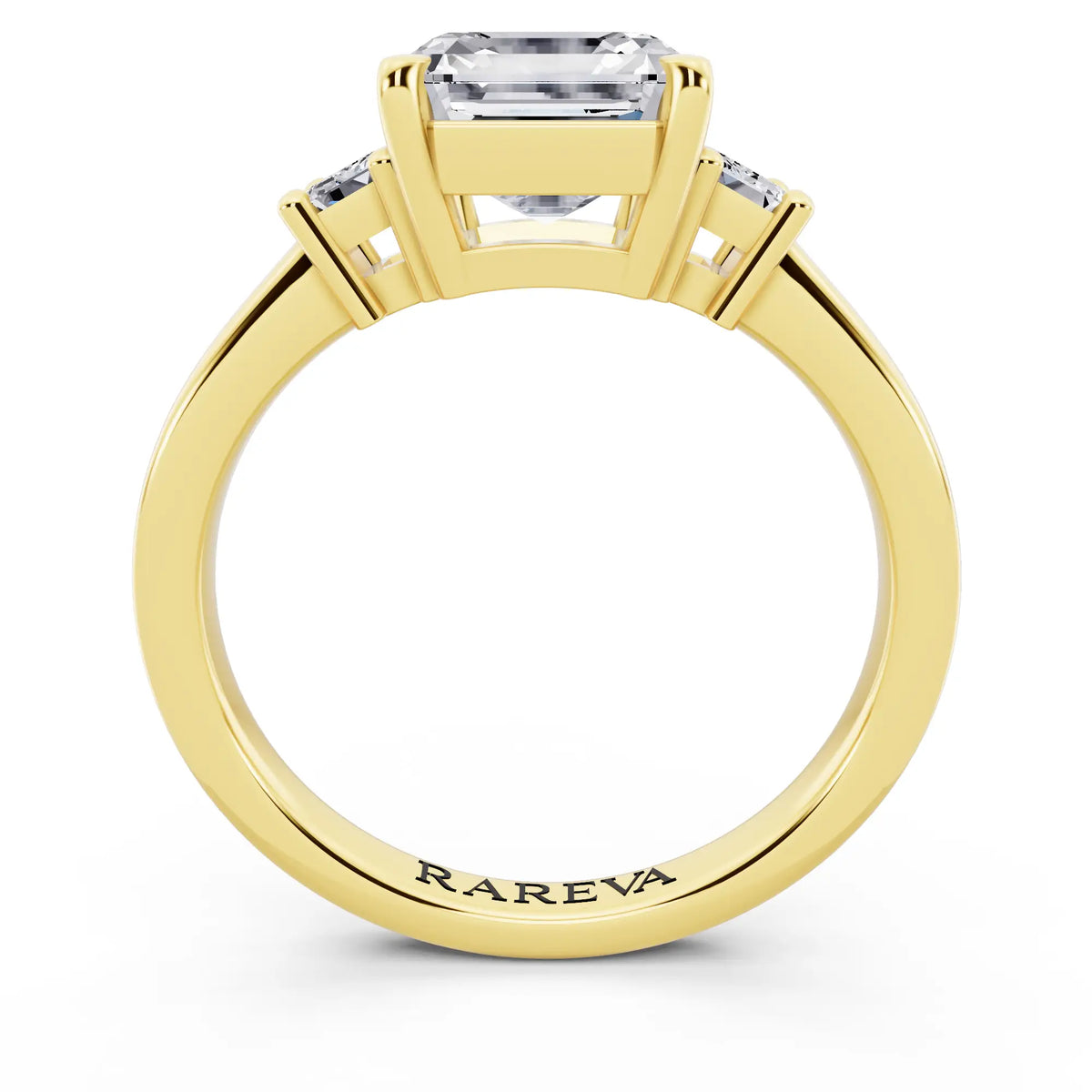 18 KT Yellow Gold Asscher Cut Diamond Three Stone Emerald Accent Ring - through finger