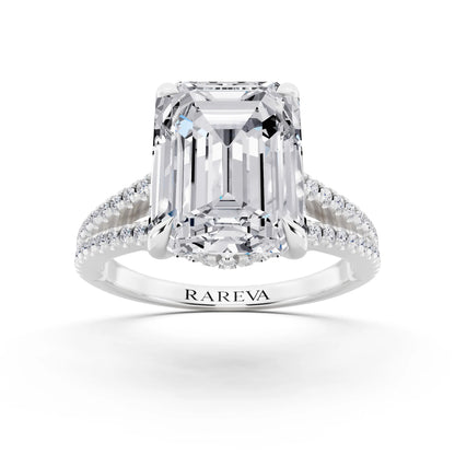 Platinum Emerald Cut Diamond Ring with Pavé Split Shank - front view
