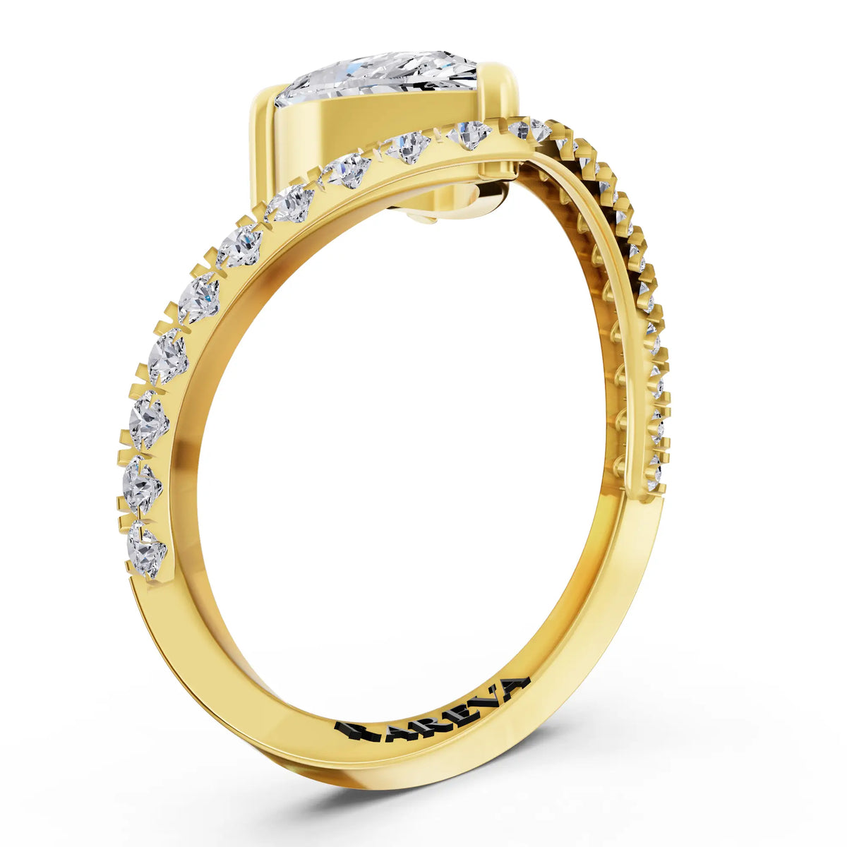 18 KT Yellow Gold Pear Cut Diamond Solitaire Ring with Pave Chevron Band - Top view